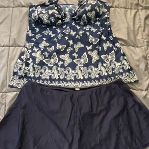 4x 2 piece Bathing Swim Suit Soft Cup Swim Dress Skirt Butterflies Navy Blue
